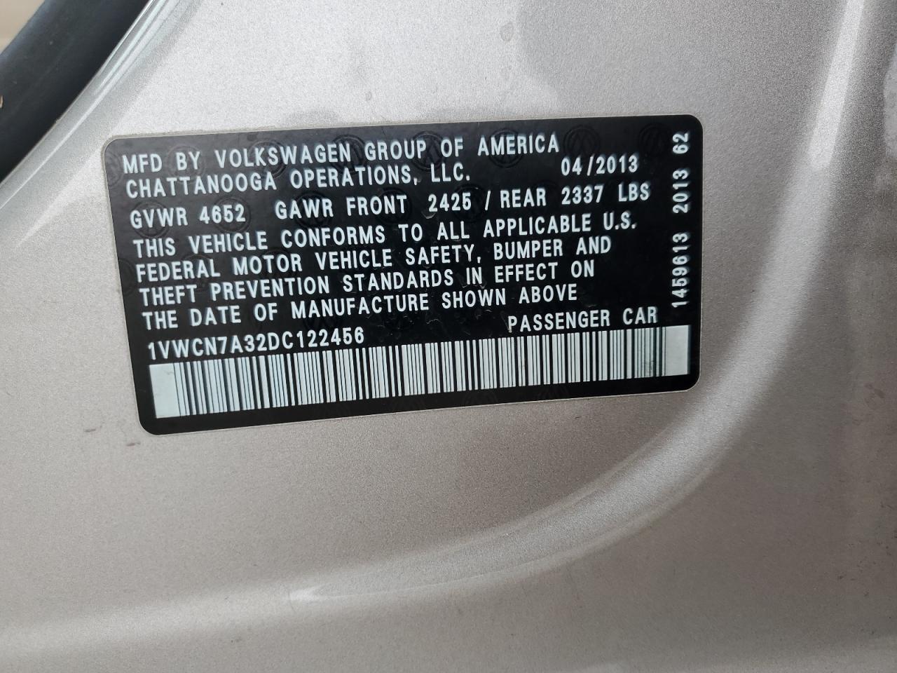 2013 Volkswagen Passat Sel VIN: 1VWCN7A32DC122456 Lot: 86536755