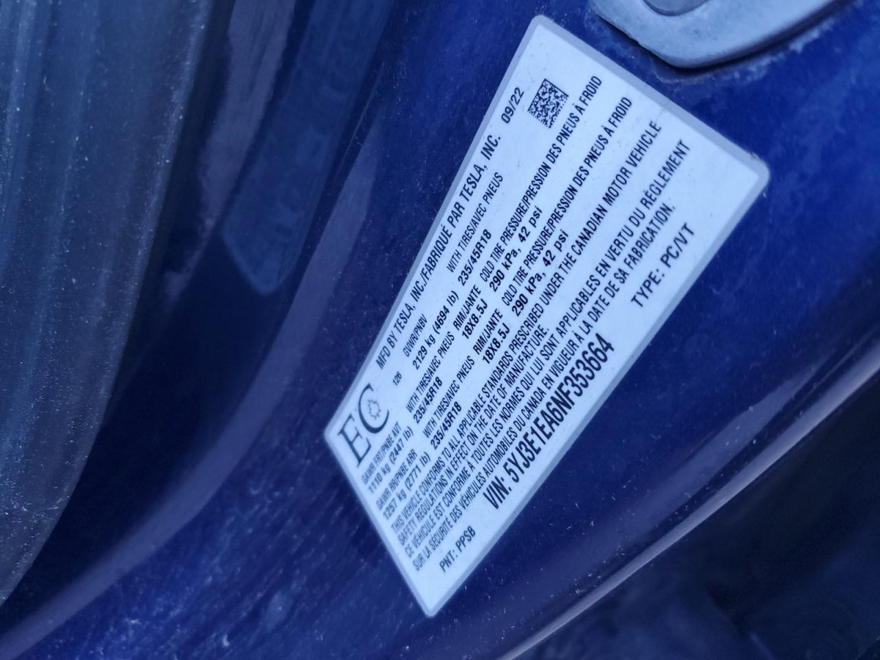 2022 Tesla Model 3 VIN: 5YJ3E1EA6NF353664 Lot: 86769705