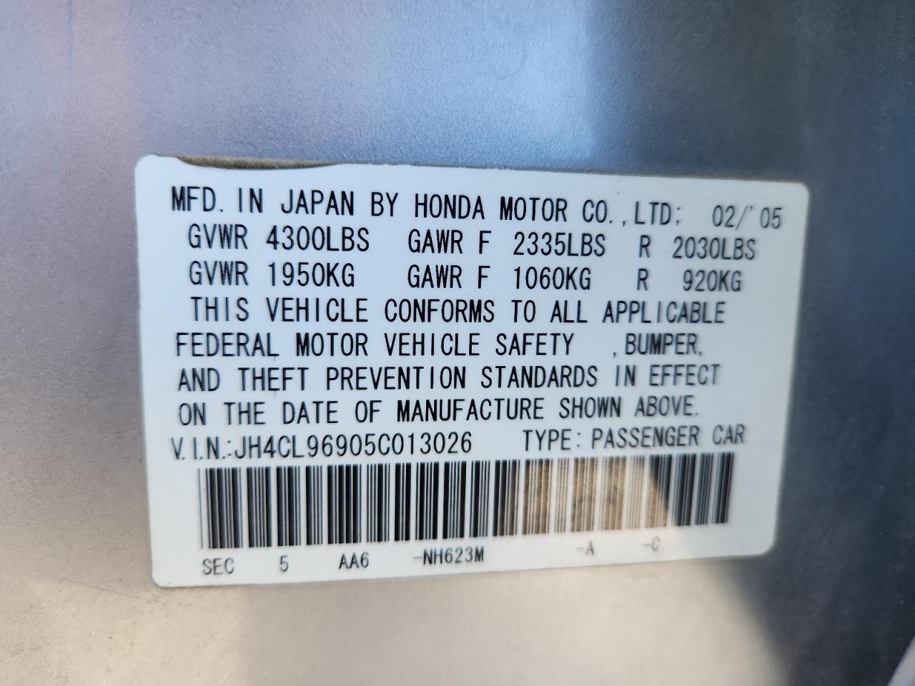 2005 Acura Tsx VIN: JH4CL96905C013026 Lot: 87022975