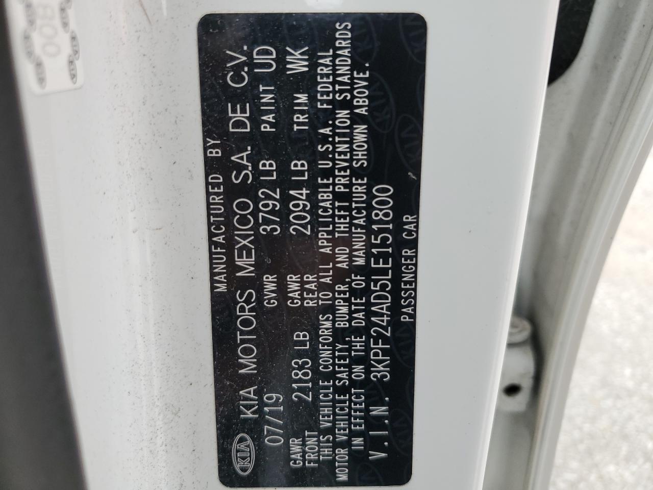 2020 Kia Forte Fe VIN: 3KPF24AD5LE151800 Lot: 82390395