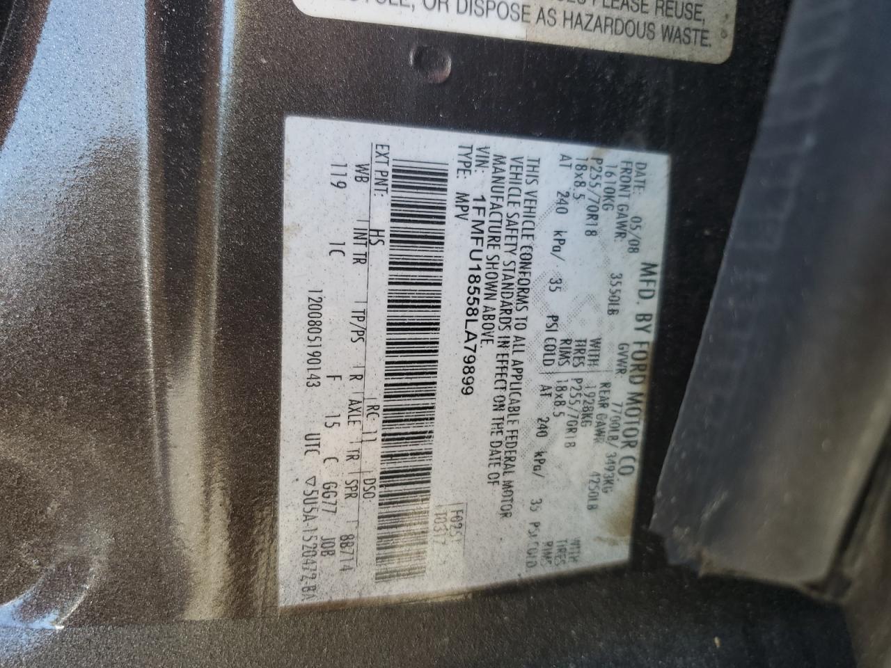 2008 Ford Expedition Eddie Bauer VIN: 1FMFU18558LA79899 Lot: 84959615