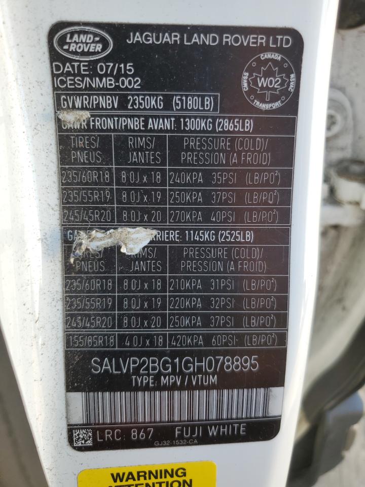 2016 Land Rover Range Rover Evoque Se VIN: SALVP2BG1GH078895 Lot: 84927425