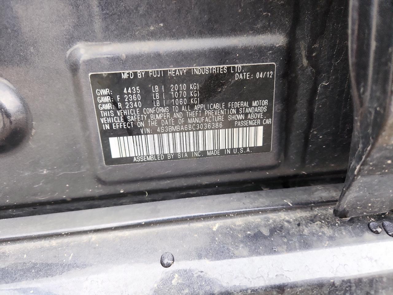 2012 Subaru Legacy 2.5I VIN: 4S3BMBA68C3036386 Lot: 89703885