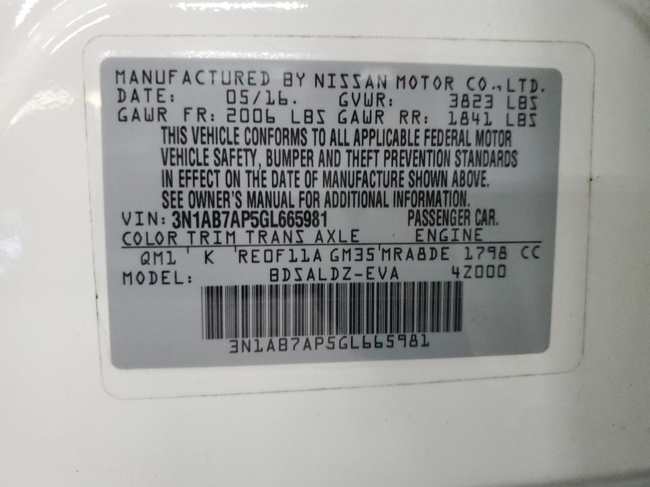 2016 Nissan Sentra S VIN: 3N1AB7AP5GL665981 Lot: 85762705