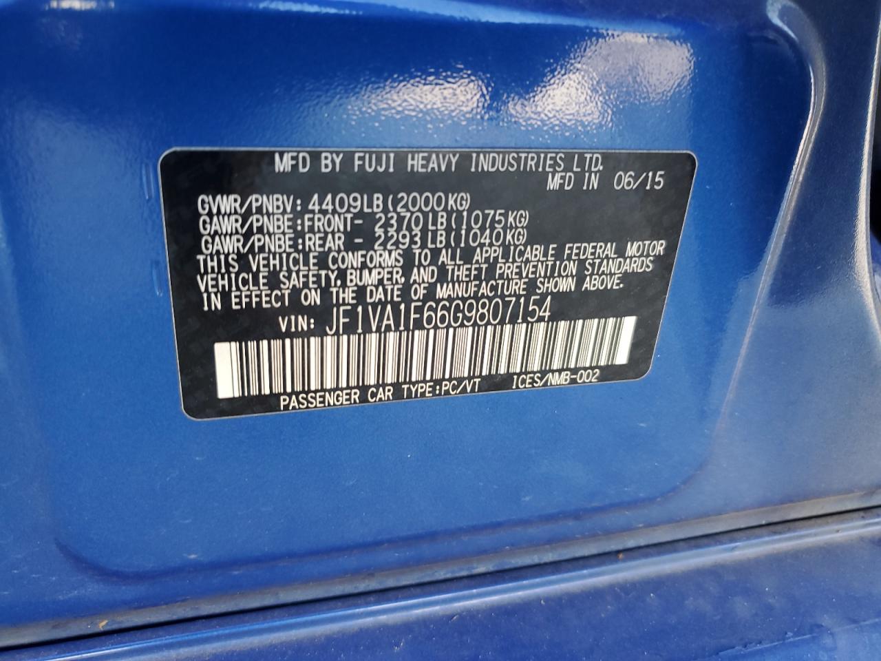 2016 Subaru Wrx Premium VIN: JF1VA1F66G9807154 Lot: 85120315