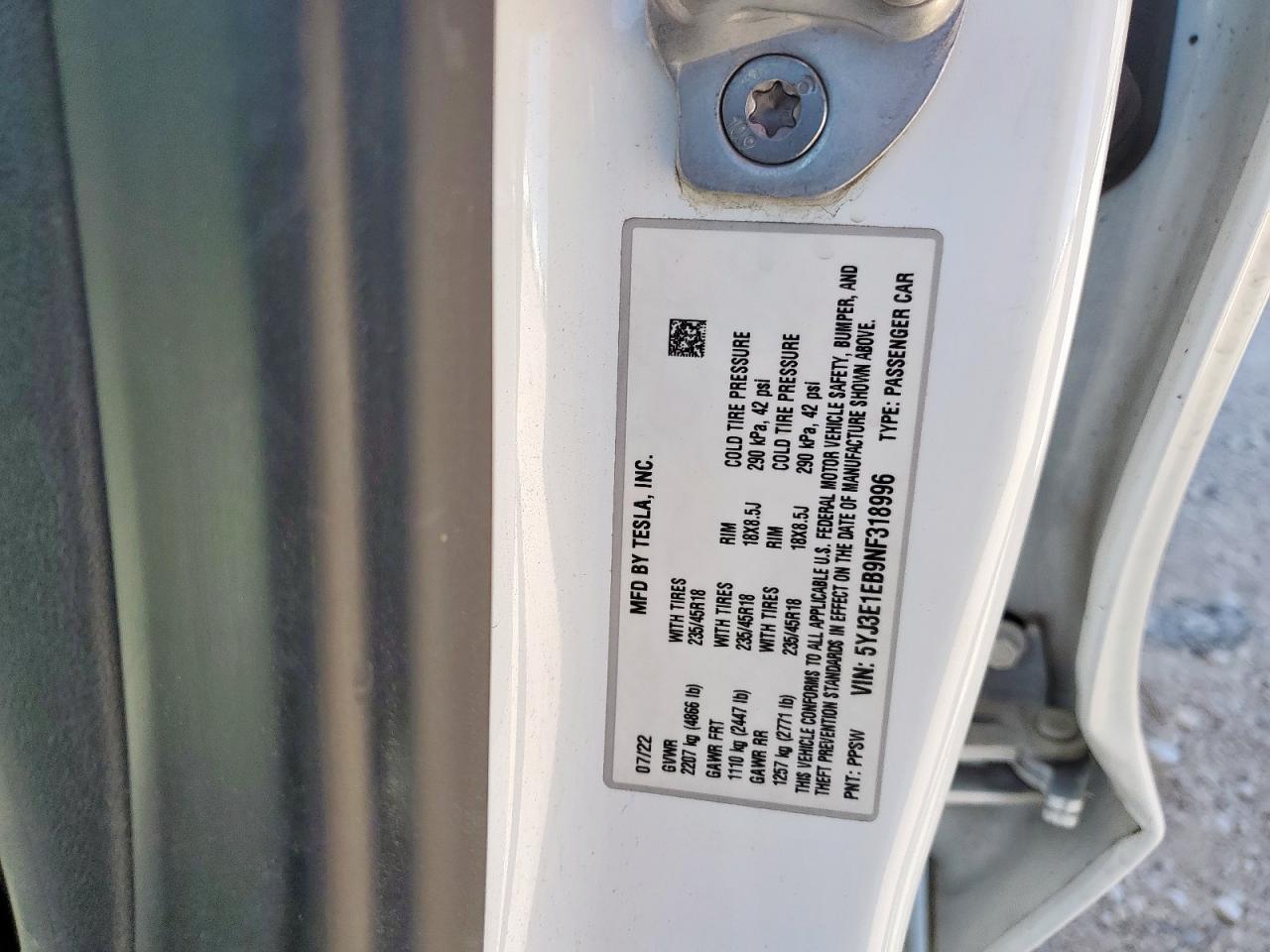 2022 Tesla Model 3 VIN: 5YJ3E1EB9NF318996 Lot: 90580795