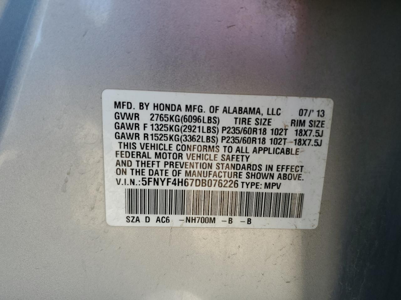 2013 Honda Pilot Exl VIN: 5FNYF4H67DB076226 Lot: 84405295