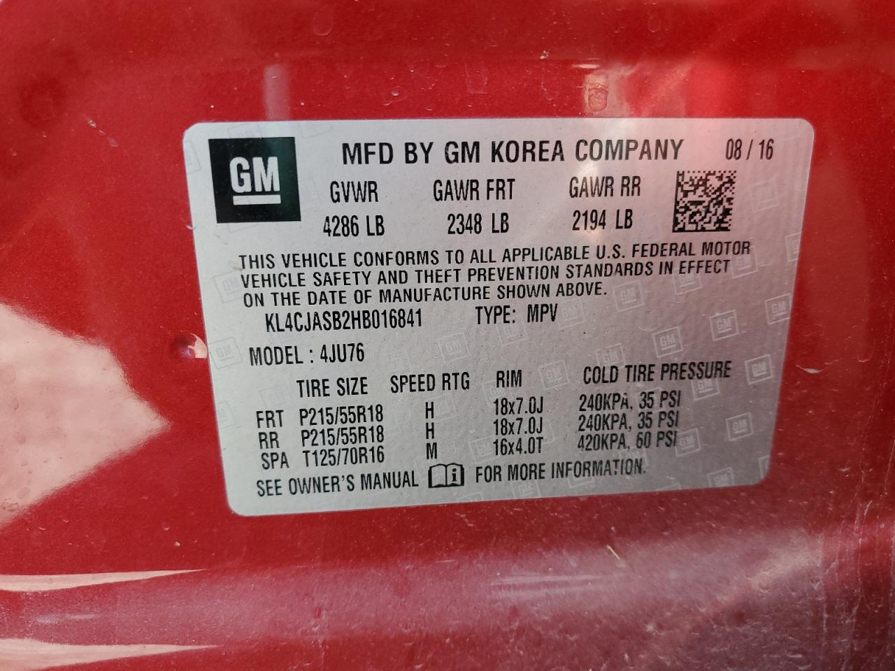 2017 Buick Encore Preferred VIN: KL4CJASB2HB016841 Lot: 85481875