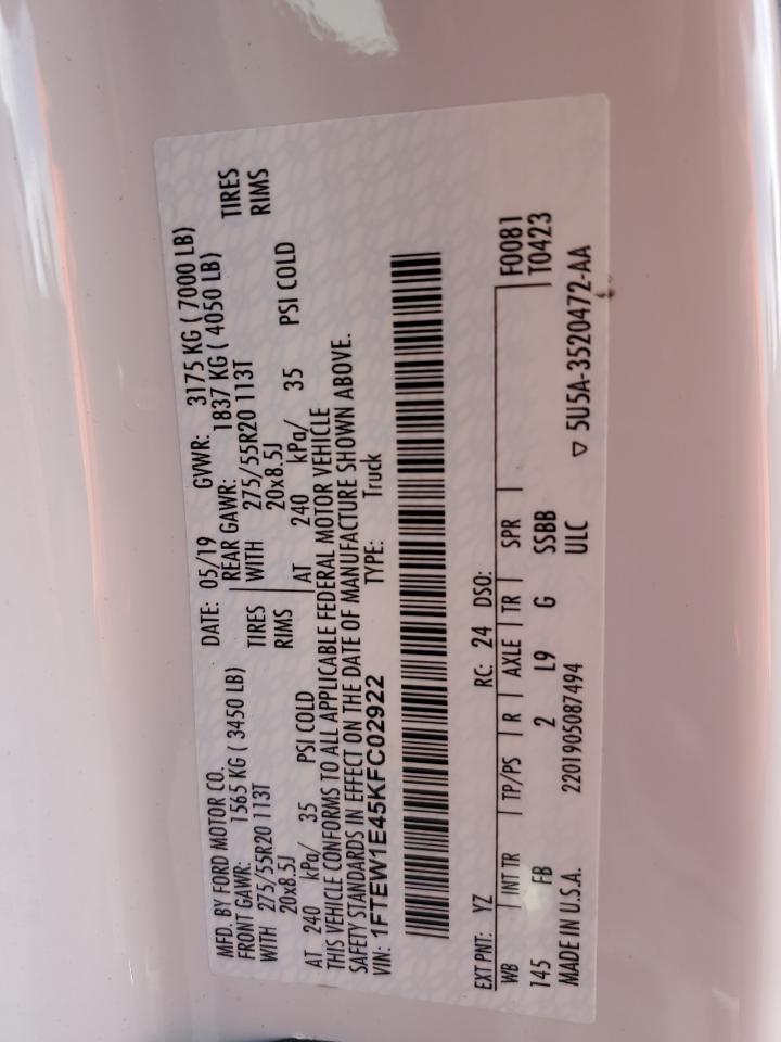 2019 Ford F150 Supercrew VIN: 1FTEW1E45KFC02922 Lot: 85277185