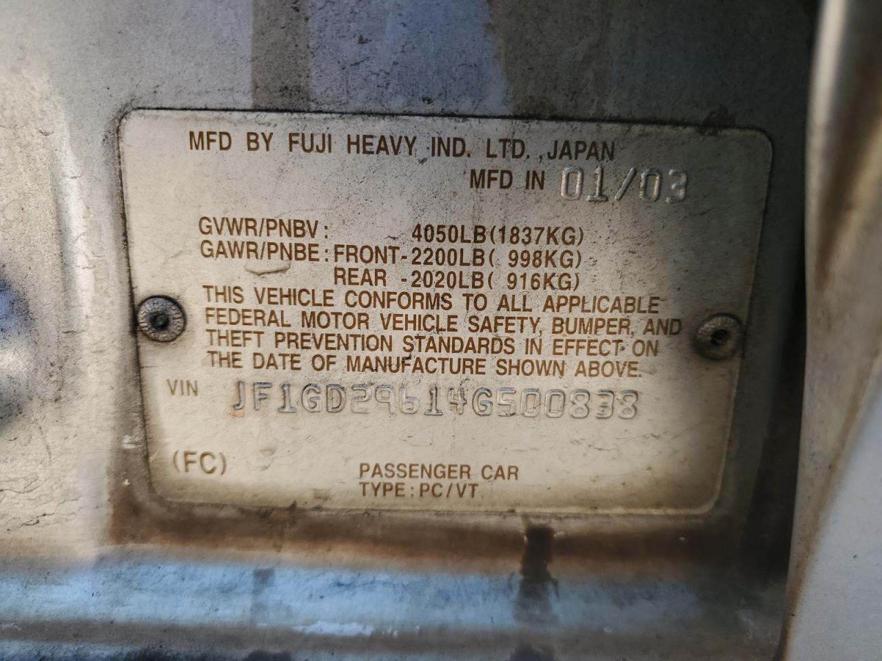 2004 Subaru Impreza Wrx VIN: JF1GD29614G500838 Lot: 91125345