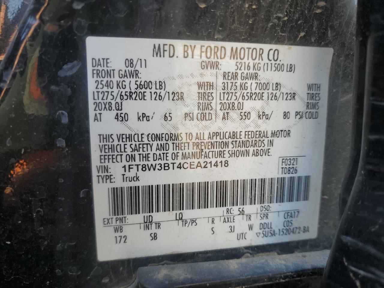 2012 Ford F350 Super Duty VIN: 1FT8W3BT4CEA21418 Lot: 82760665