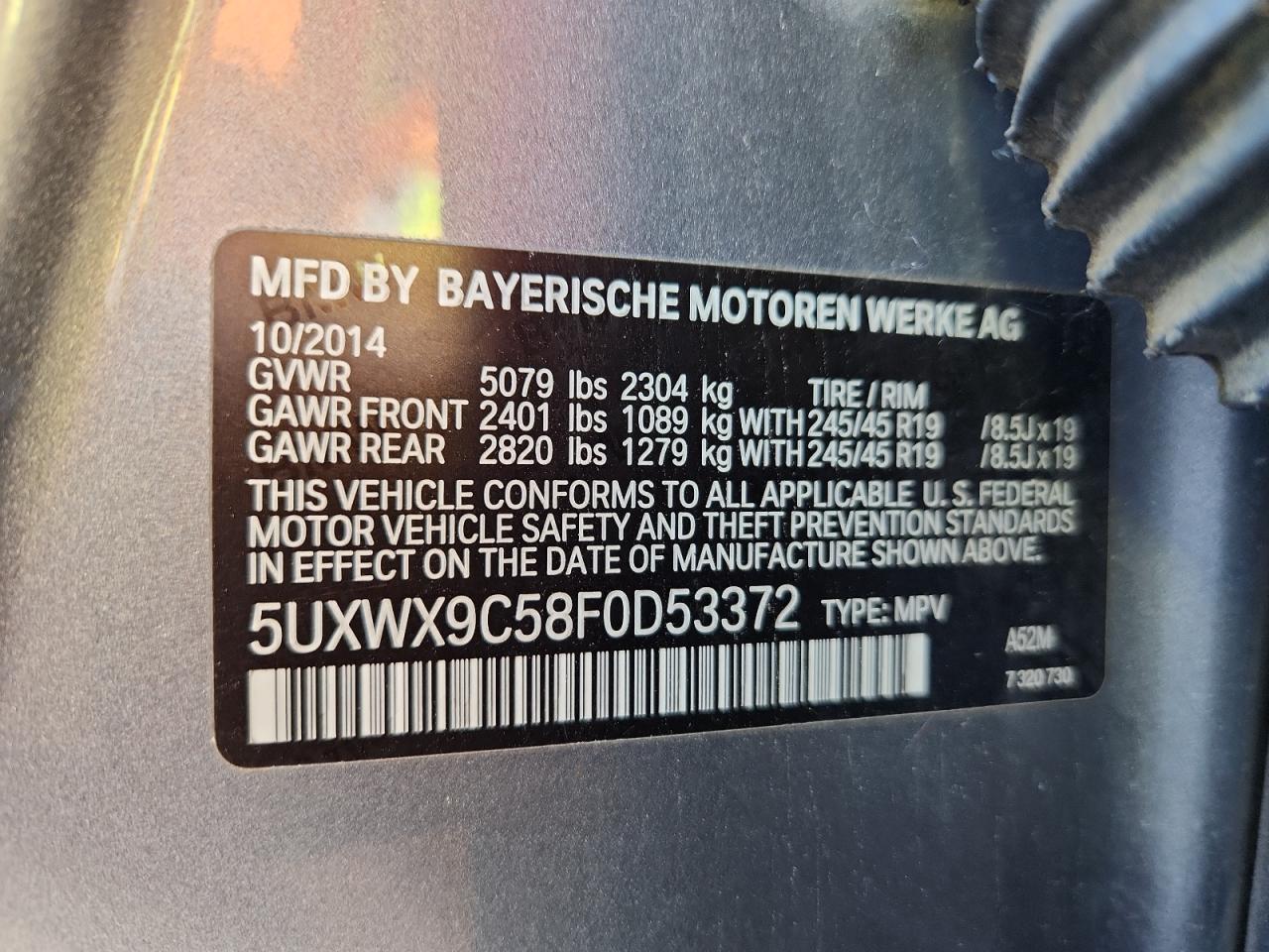 2015 BMW X3 xDrive28I VIN: 5UXWX9C58F0D53372 Lot: 86529715