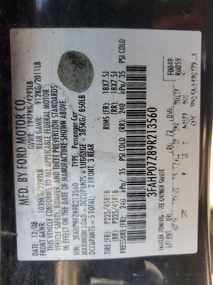 2009 Ford Fusion Se VIN: 3FAHP07Z89R213560 Lot: 82771735