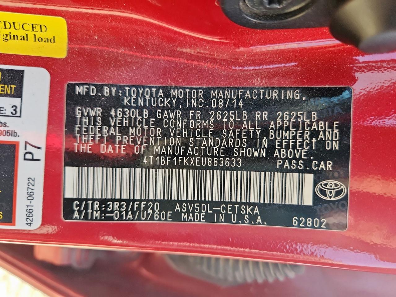 2014 Toyota Camry L VIN: 4T1BF1FKXEU863633 Lot: 86088125