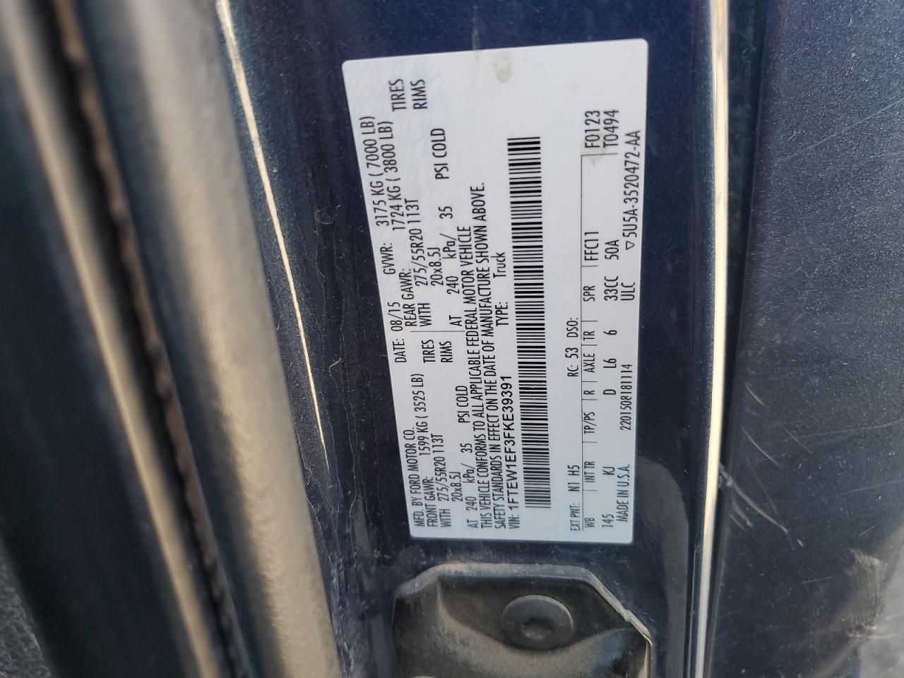 2015 Ford F150 Supercrew VIN: 1FTEW1EF3FKE39391 Lot: 84429005