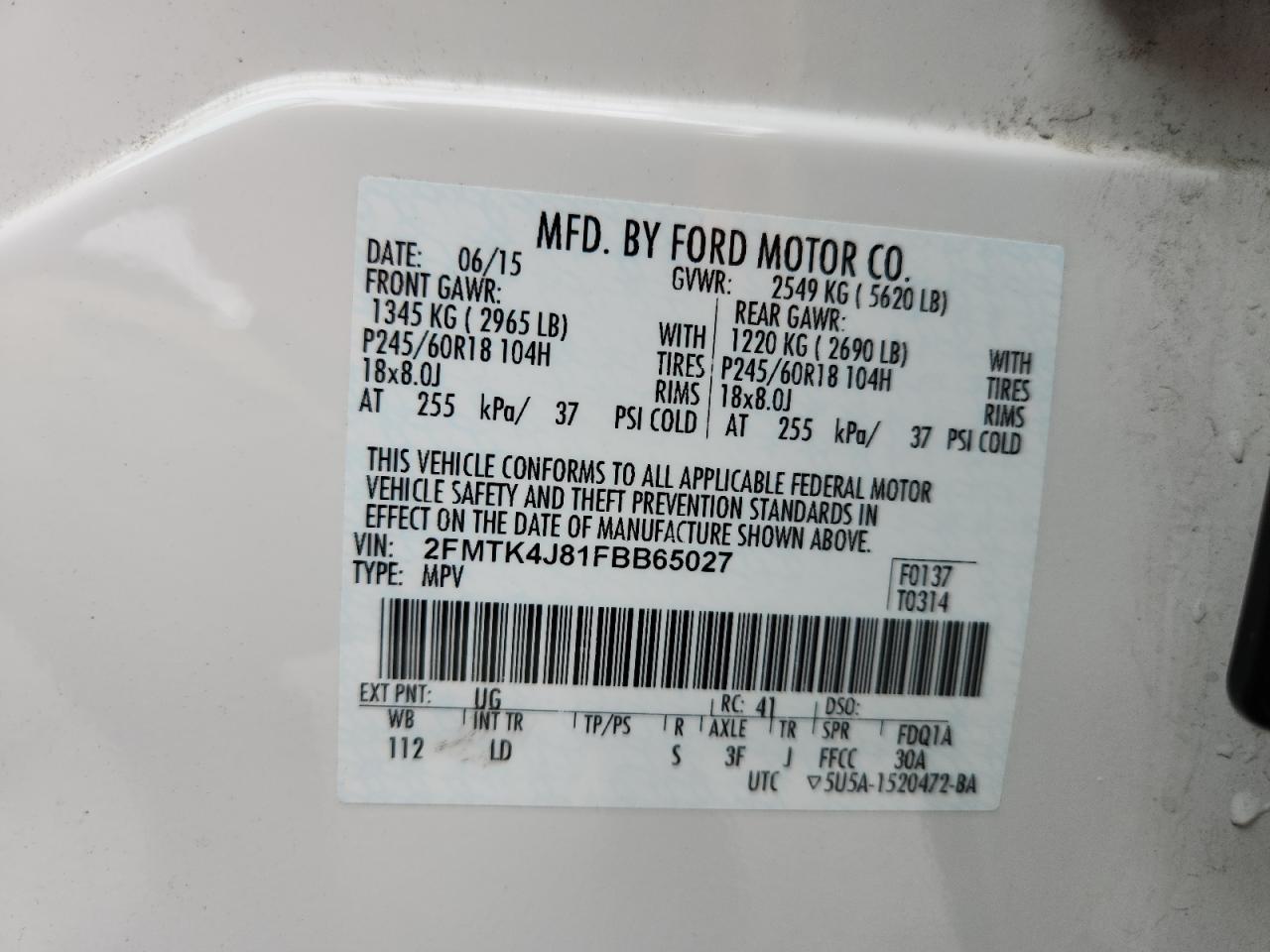 2015 Ford Edge Sel VIN: 2FMTK4J81FBB65027 Lot: 86271225