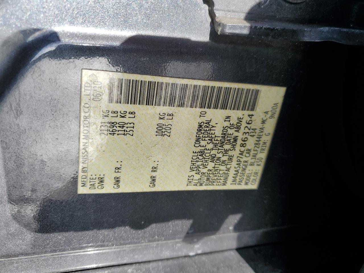 2010 Nissan Maxima S VIN: 1N4AA5AP7AC863264 Lot: 85138695