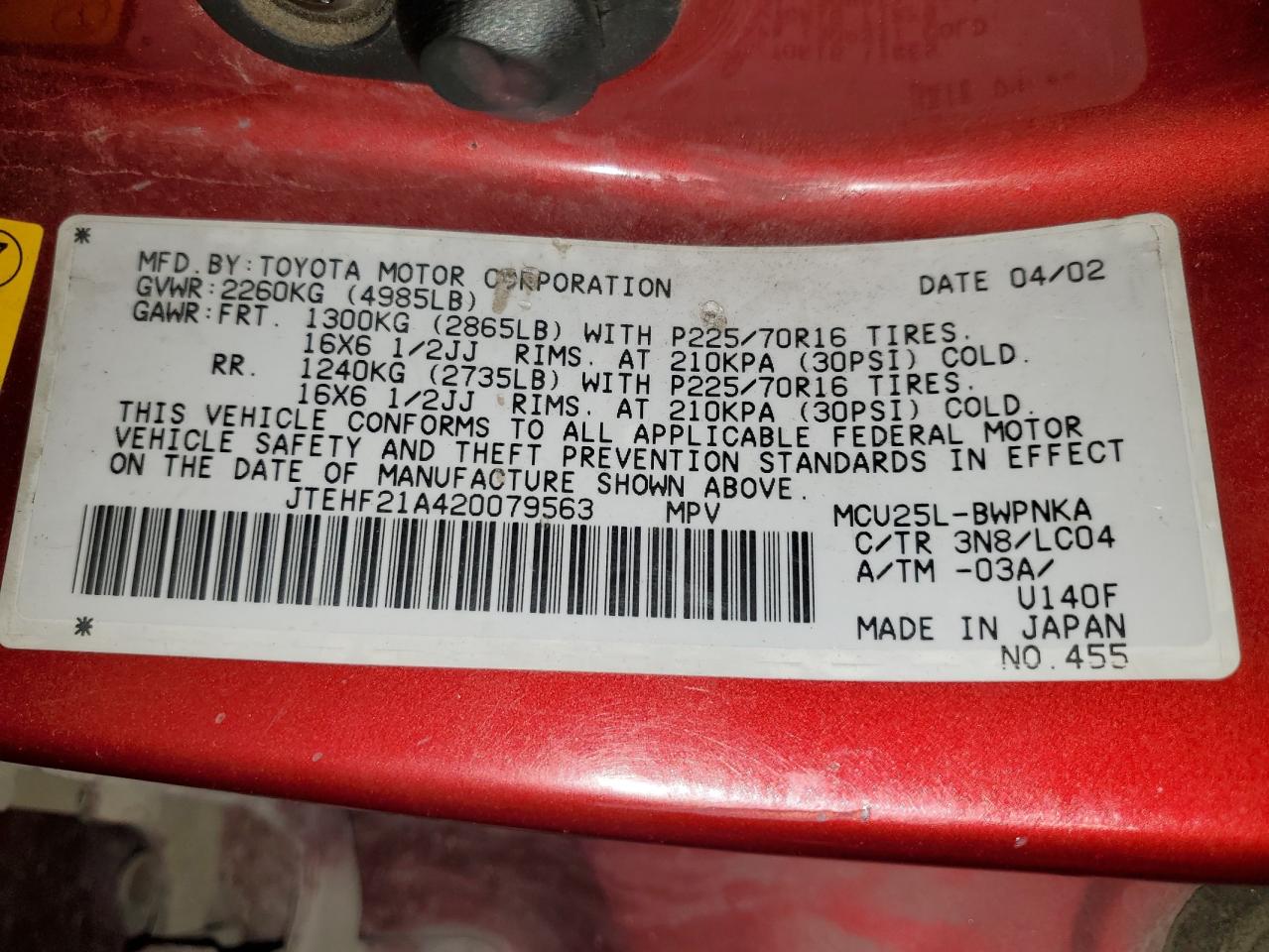 2002 Toyota Highlander Limited VIN: JTEHF21A420079563 Lot: 81998085