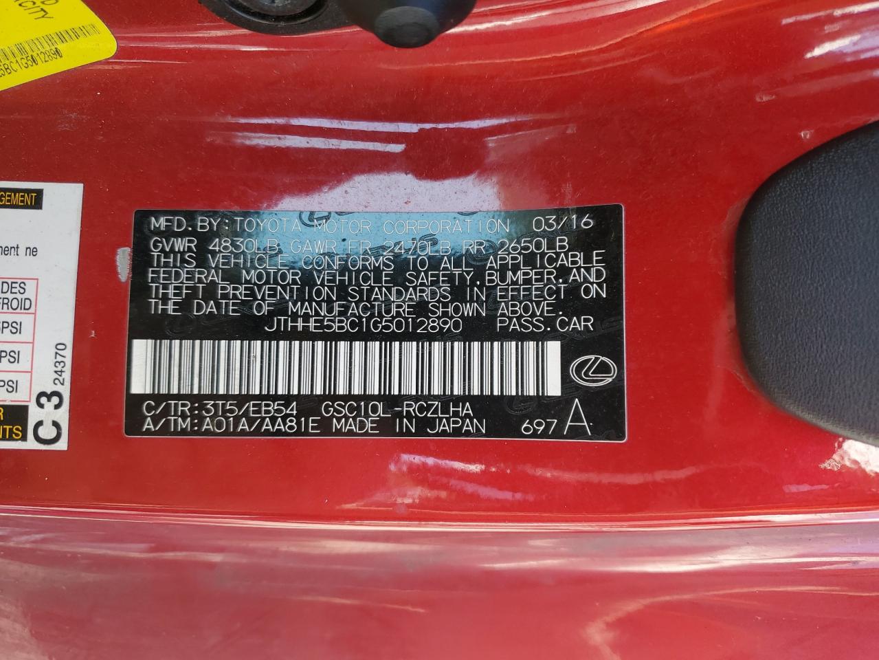 2016 Lexus Rc 350 VIN: JTHHE5BC1G5012890 Lot: 83923605