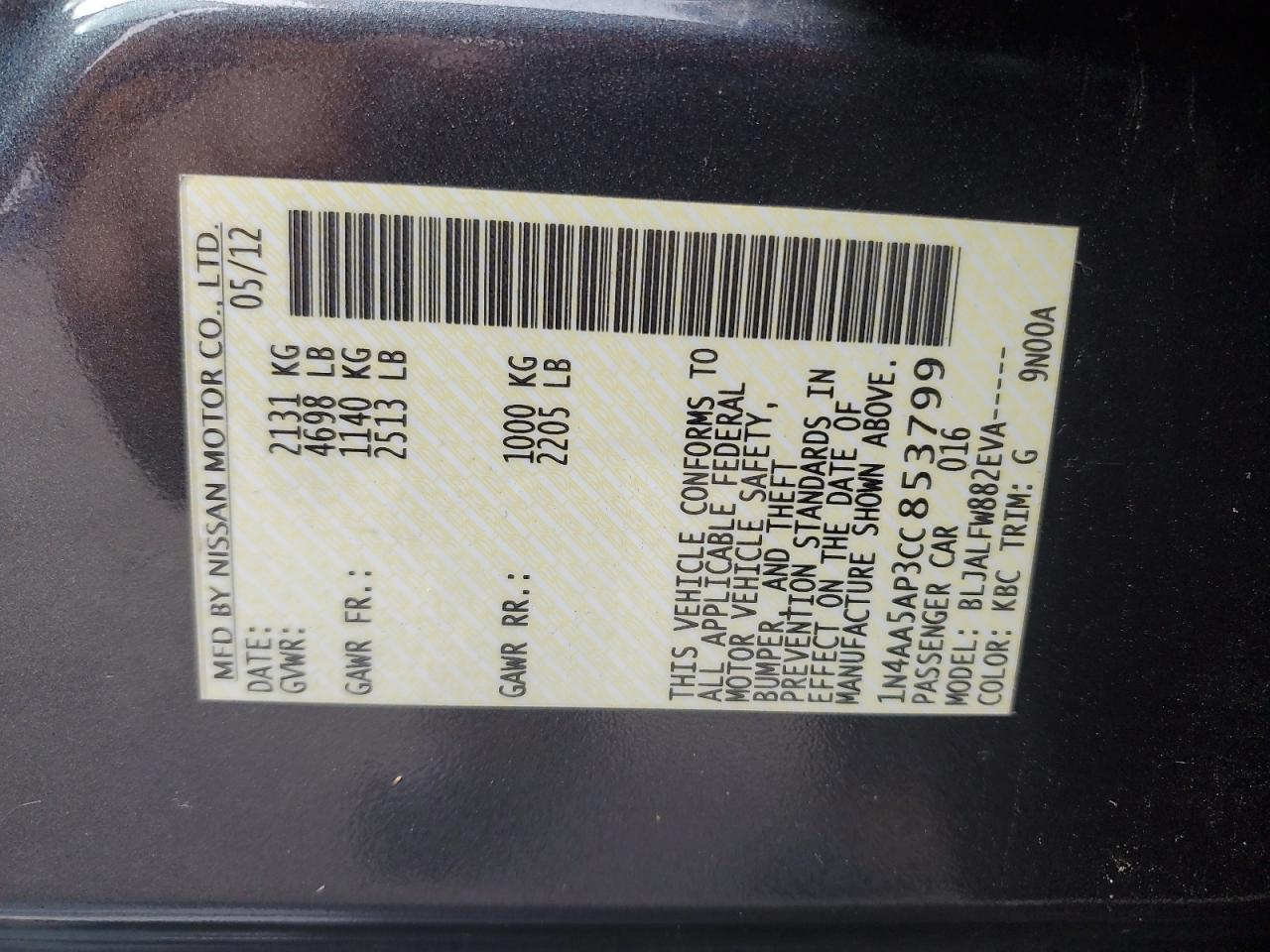 2012 Nissan Maxima S VIN: 1N4AA5AP3CC853799 Lot: 86882865