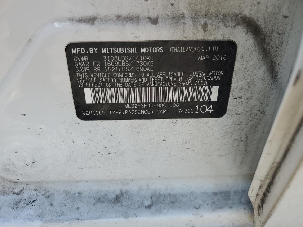2017 Mitsubishi Mirage G4 Es VIN: ML32F3FJ0HH001108 Lot: 85852205