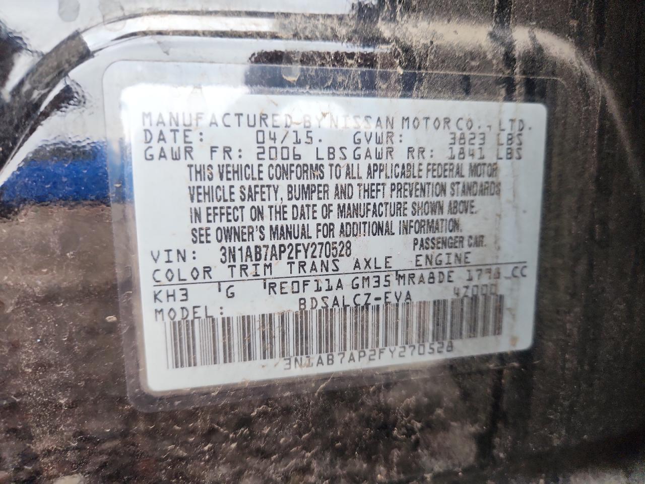 2015 Nissan Sentra S VIN: 3N1AB7AP2FY270528 Lot: 85874655