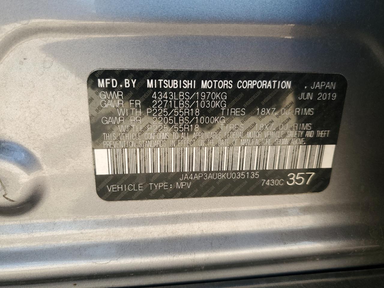 2019 Mitsubishi Outlander Sport Es VIN: JA4AP3AU8KU035135 Lot: 85254185