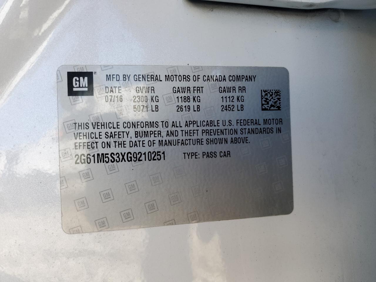 2016 Cadillac Xts Luxury Collection VIN: 2G61M5S3XG9210251 Lot: 87210715