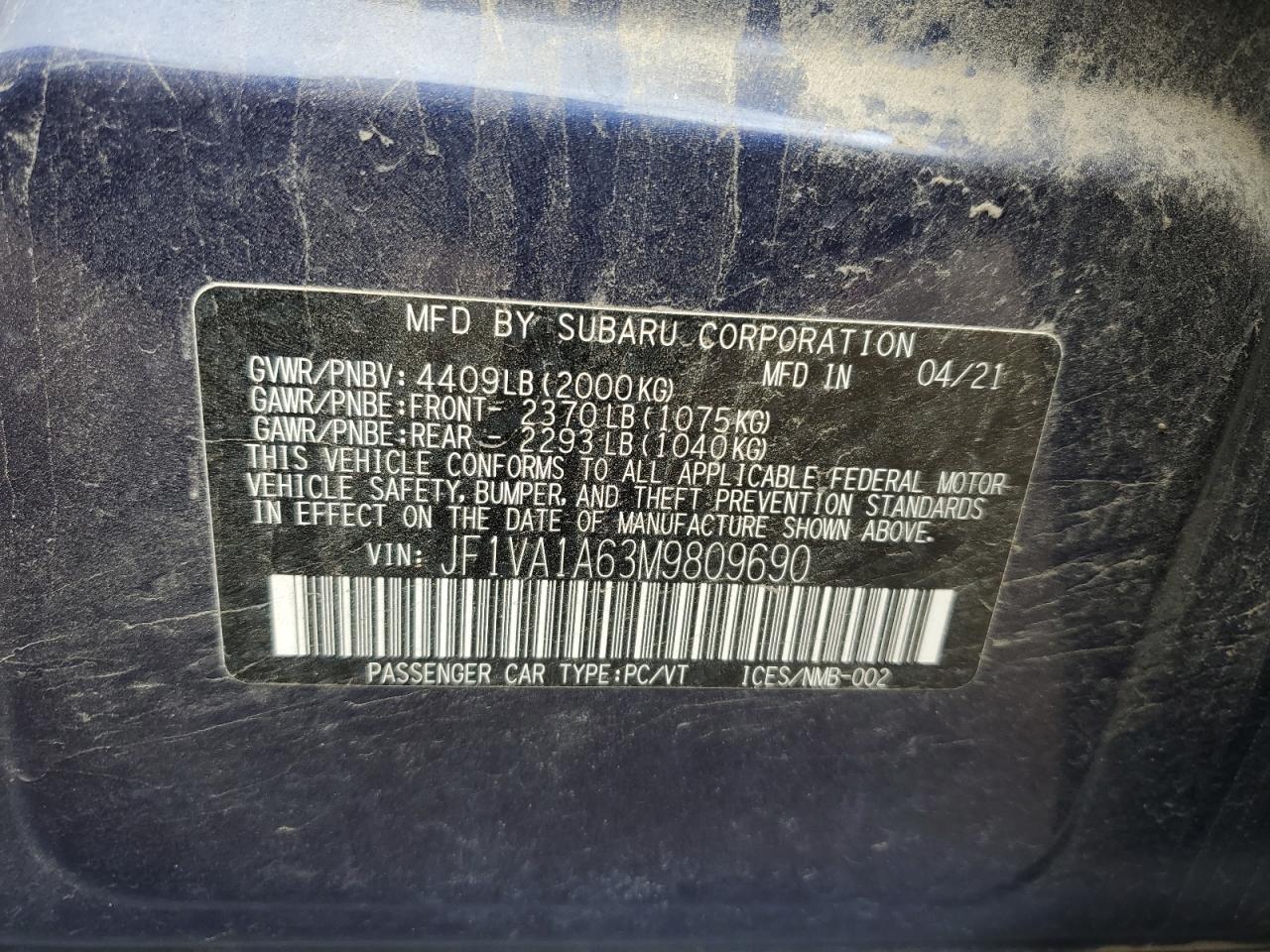 2021 Subaru Wrx VIN: JF1VA1A63M9809690 Lot: 85739145