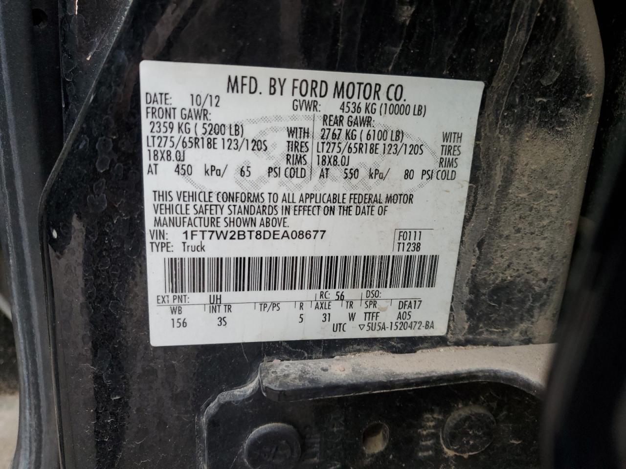 2013 Ford F250 Super Duty VIN: 1FT7W2BT8DEA08677 Lot: 81087125