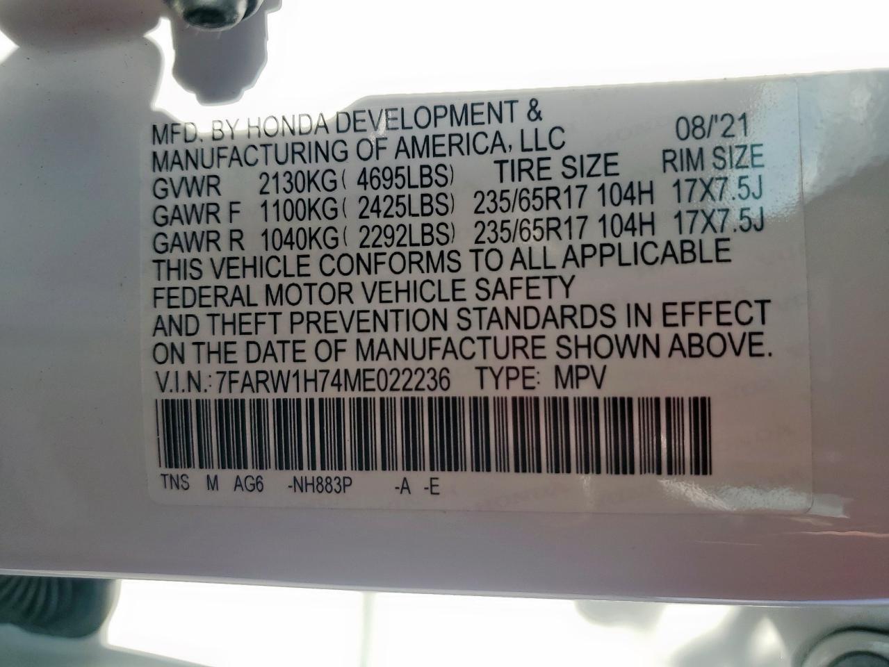 2021 Honda Cr-V Se VIN: 7FARW1H74ME022236 Lot: 85681295