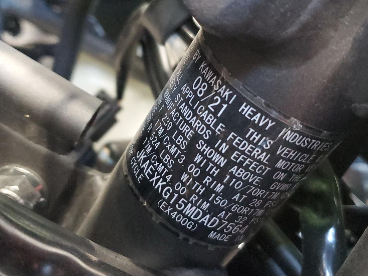 2021 Kawasaki Ex400 VIN: JKAEXKG15MDAD7564 Lot: 84651885