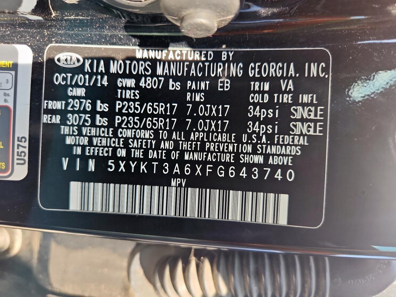 2015 Kia Sorento Lx VIN: 5XYKT3A6XFG643740 Lot: 82007575