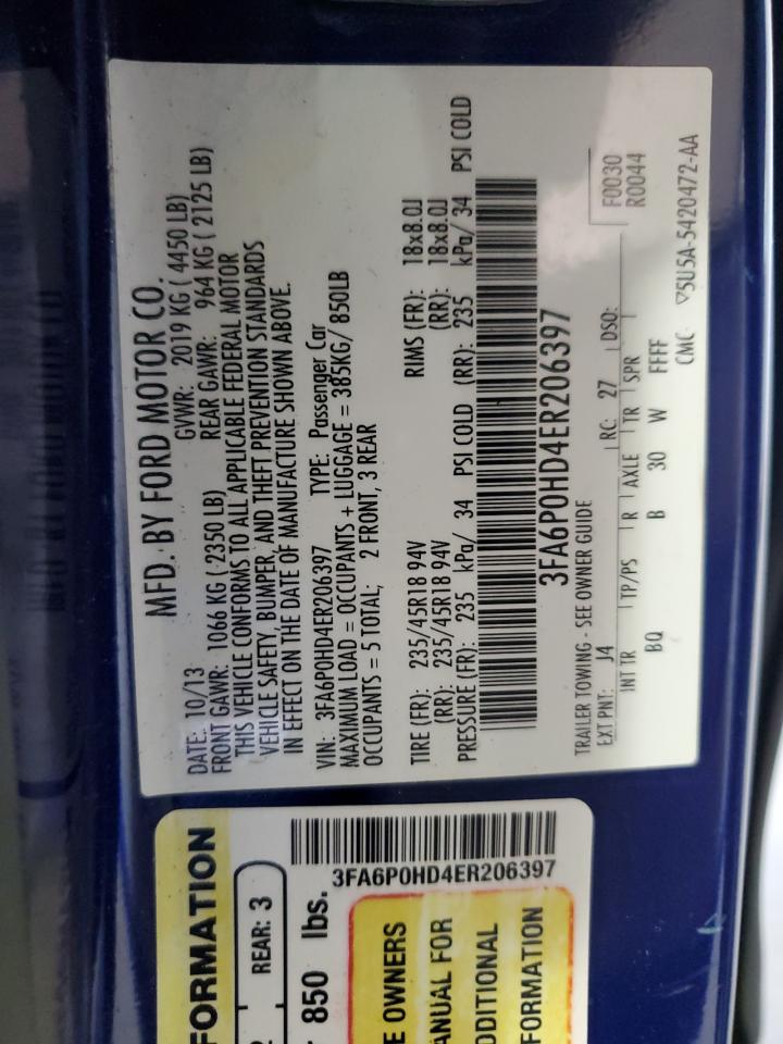 2014 Ford Fusion Se VIN: 3FA6P0HD4ER206397 Lot: 85511875