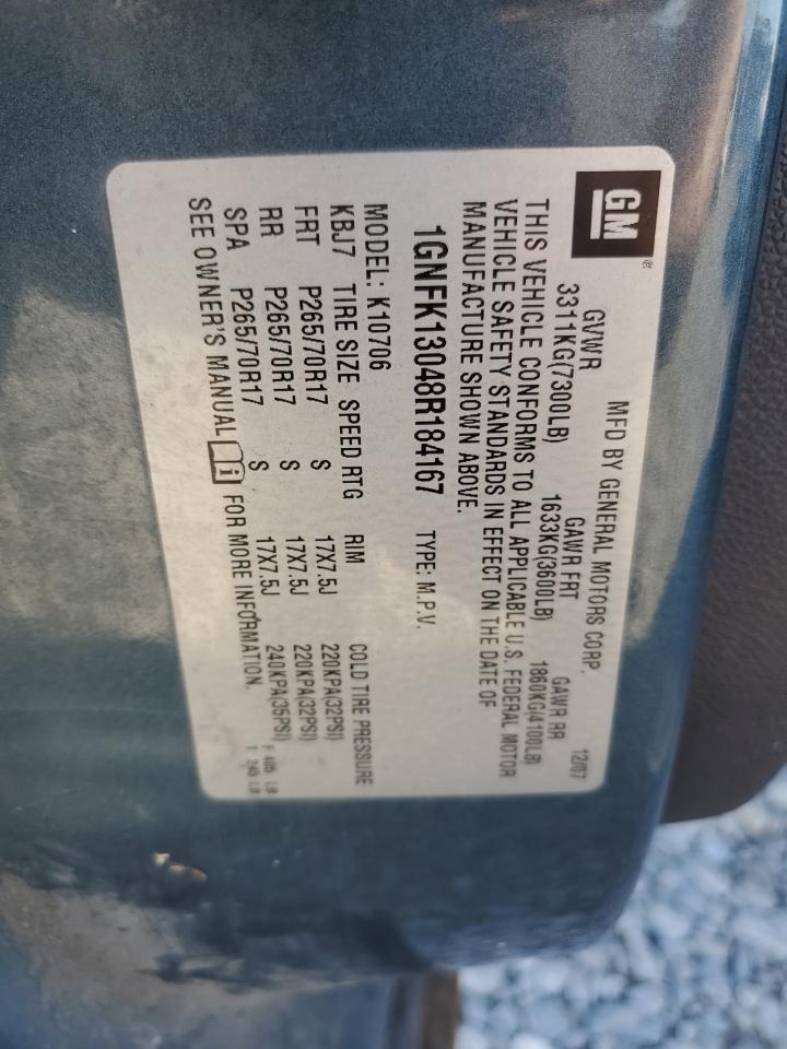 2008 Chevrolet Tahoe K1500 VIN: 1GNFK13048R184167 Lot: 82487405