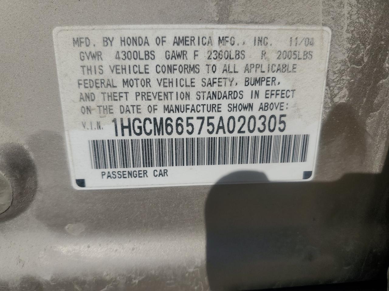 2005 Honda Accord Ex VIN: 1HGCM66575A020305 Lot: 85150815