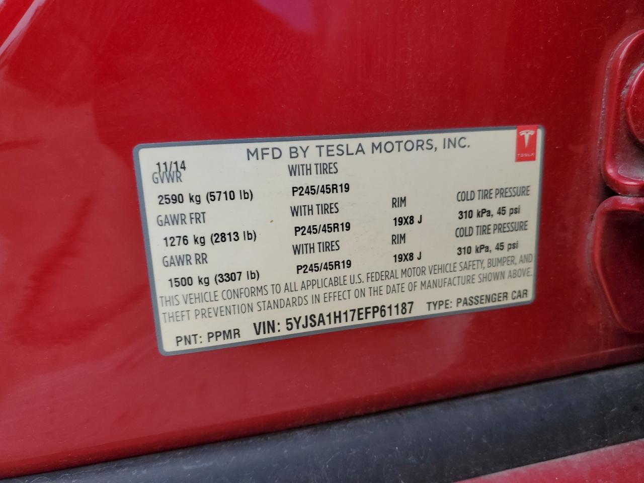 2014 Tesla Model S VIN: 5YJSA1H17EFP61187 Lot: 90125845