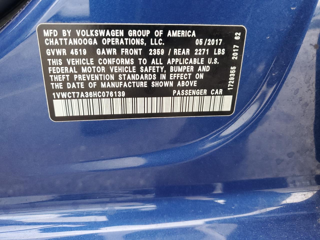 2017 Volkswagen Passat Sel Premium VIN: 1VWCT7A36HC076139 Lot: 86068625
