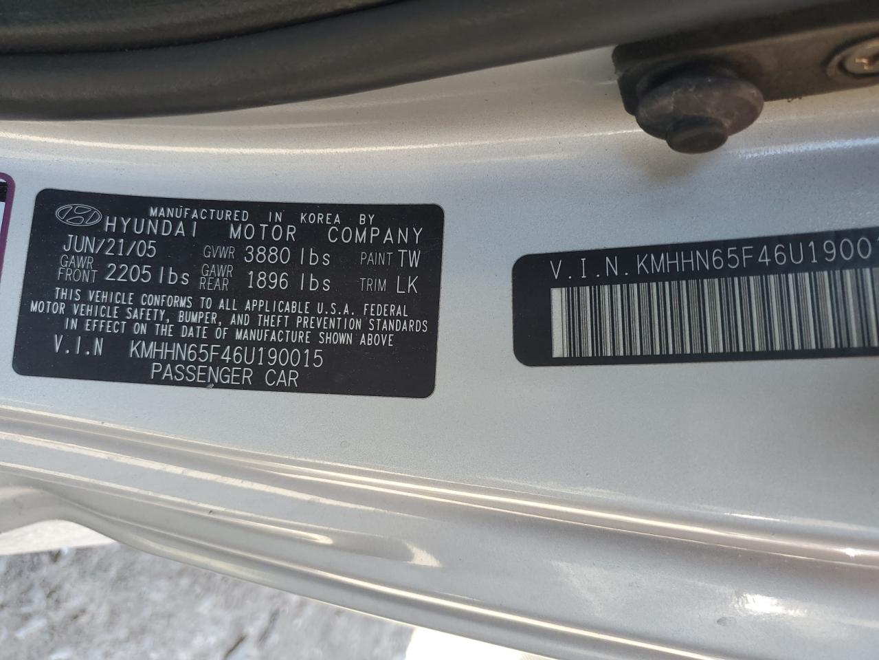 2006 Hyundai Tiburon Gt VIN: KMHHN65F46U190015 Lot: 90083195