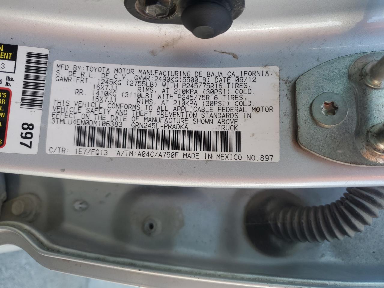 2013 Toyota Tacoma Double Cab VIN: 3TMLU4EN0DM106383 Lot: 85368485