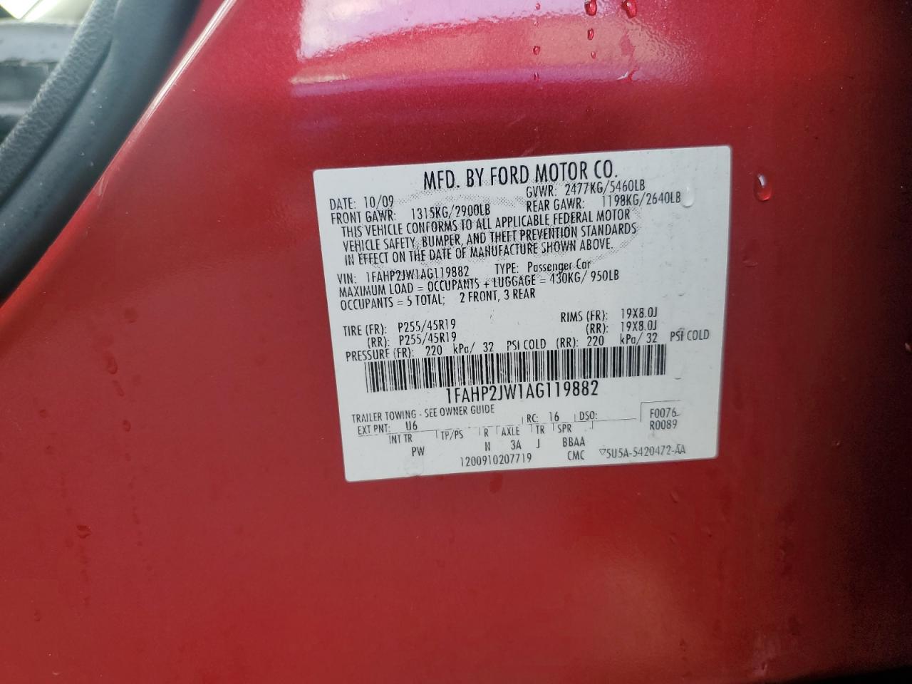 2010 Ford Taurus Limited VIN: 1FAHP2JW1AG119882 Lot: 90579595