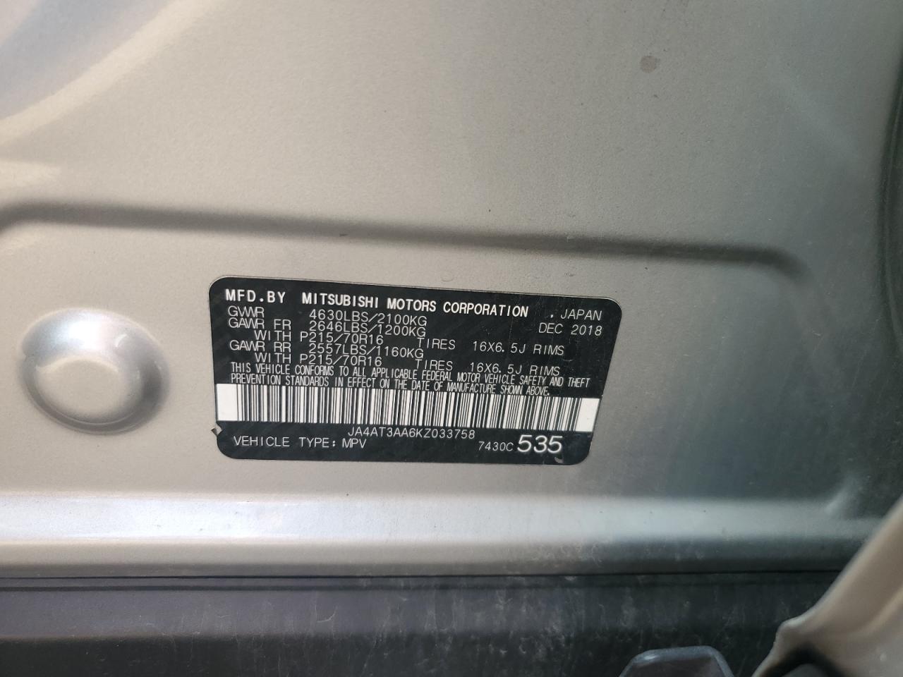 2019 Mitsubishi Eclipse Cross Es VIN: JA4AT3AA6KZ033758 Lot: 87085905