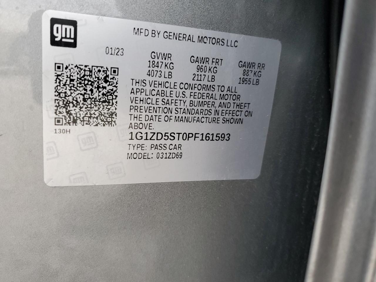 2023 Chevrolet Malibu Lt VIN: 1G1ZD5ST0PF161593 Lot: 82394795