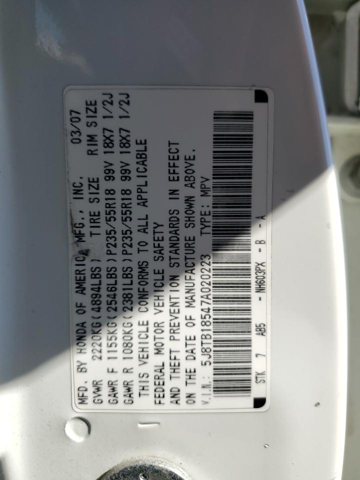 2007 Acura Rdx Technology VIN: 5J8TB18547A020223 Lot: 82543555