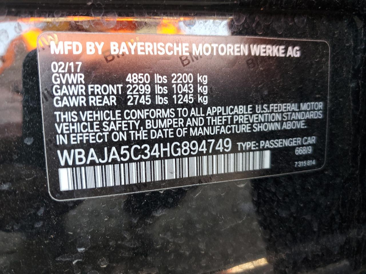 2017 BMW 530 I VIN: WBAJA5C34HG894749 Lot: 82273255