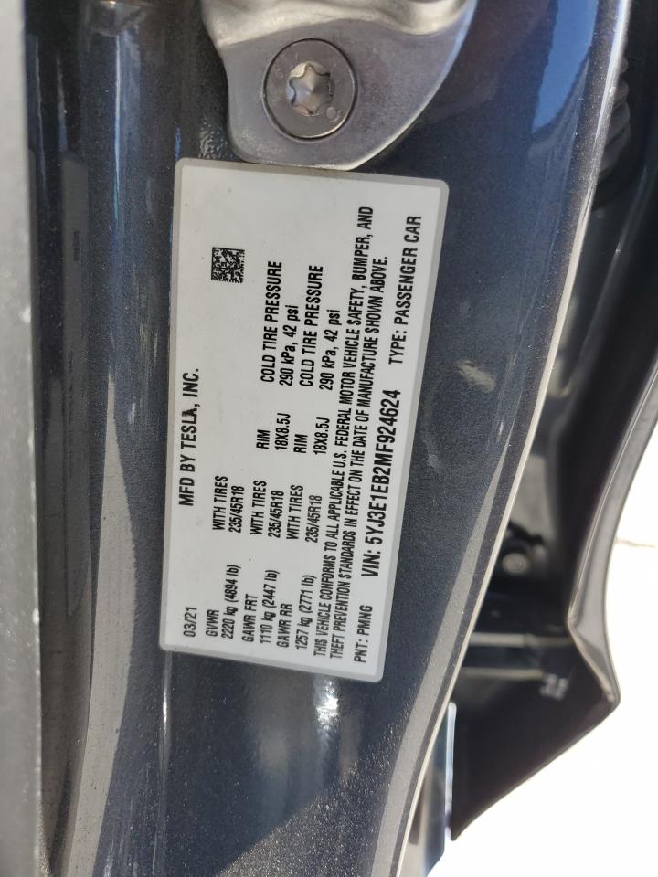 2021 Tesla Model 3 VIN: 5YJ3E1EB2MF924624 Lot: 84446555