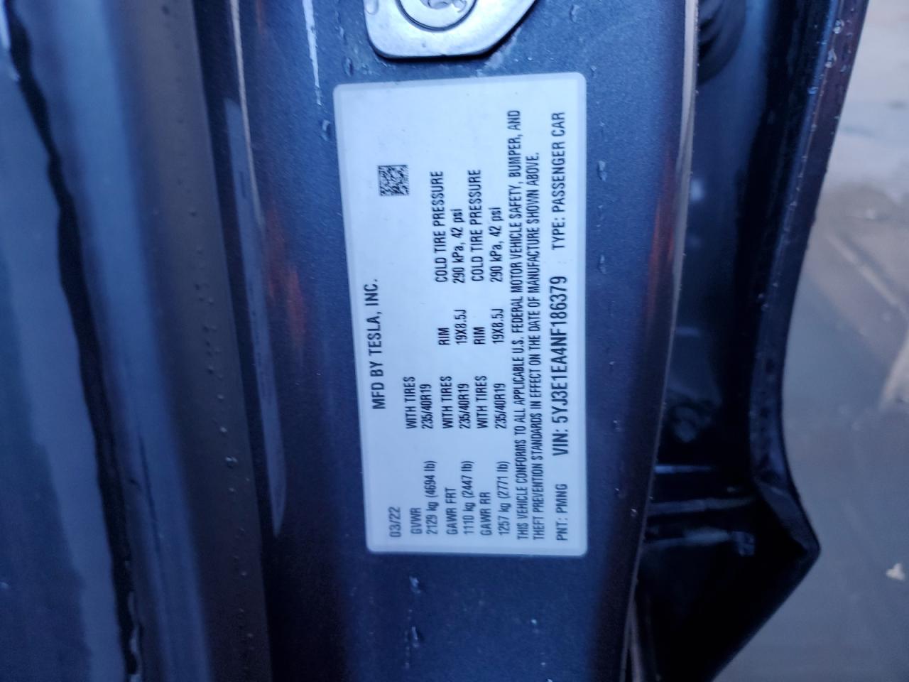 2022 Tesla Model 3 VIN: 5YJ3E1EA4NF186379 Lot: 90080625