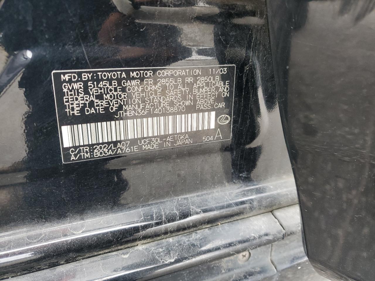 2004 Lexus Ls 430 VIN: JTHBN36F140138870 Lot: 82329895