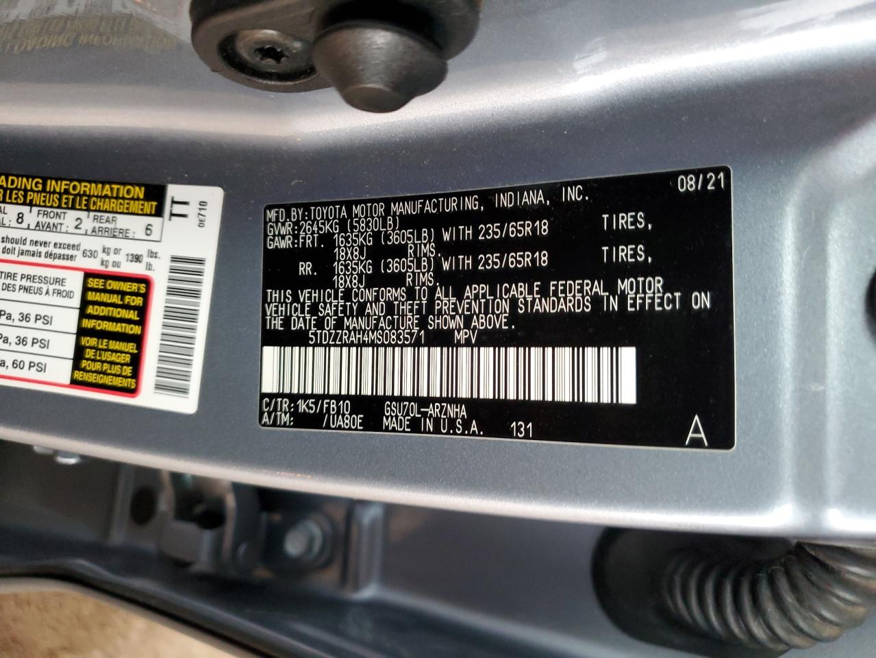 2021 Toyota Highlander L VIN: 5TDZZRAH4MS083571 Lot: 86495235