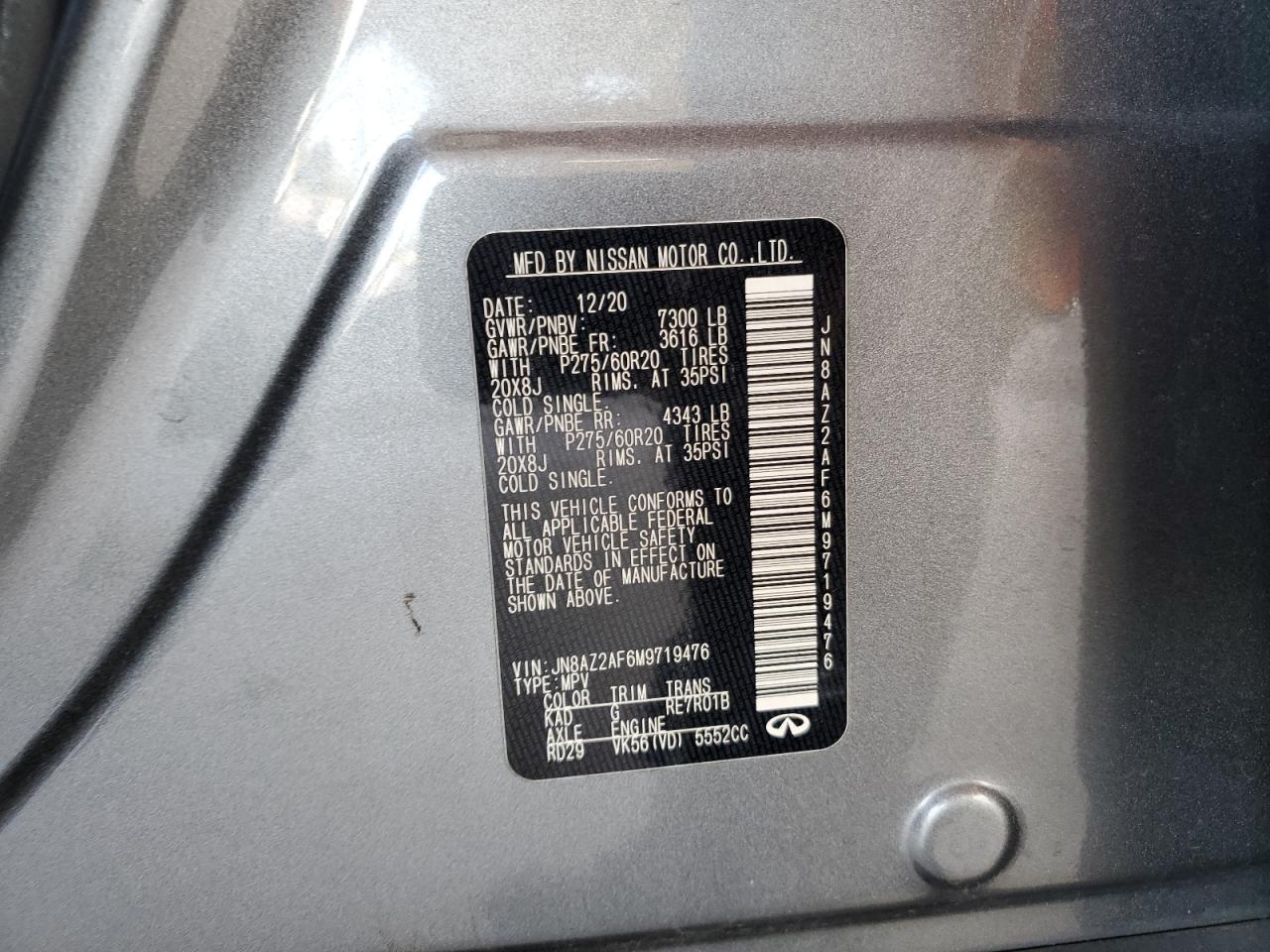 2021 Infiniti Qx80 Luxe VIN: JN8AZ2AF6M9719476 Lot: 81900055